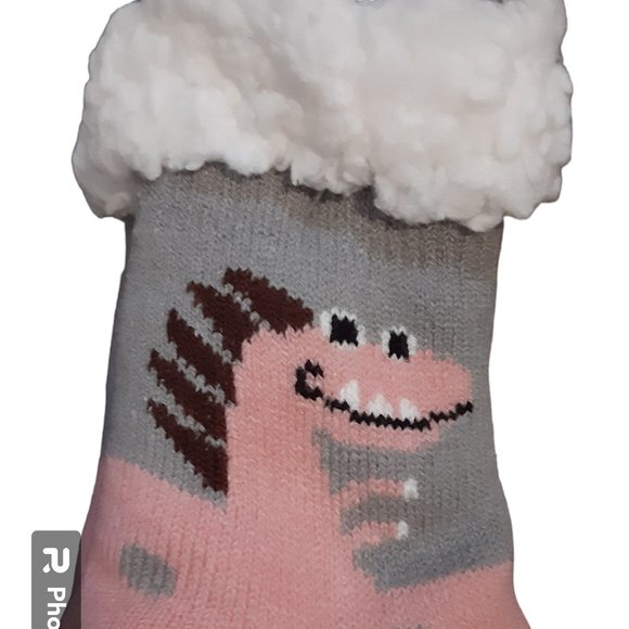 Dinosaur Child's Pink/Gray Fluffy Slipper Socks - Picture 2 of 11